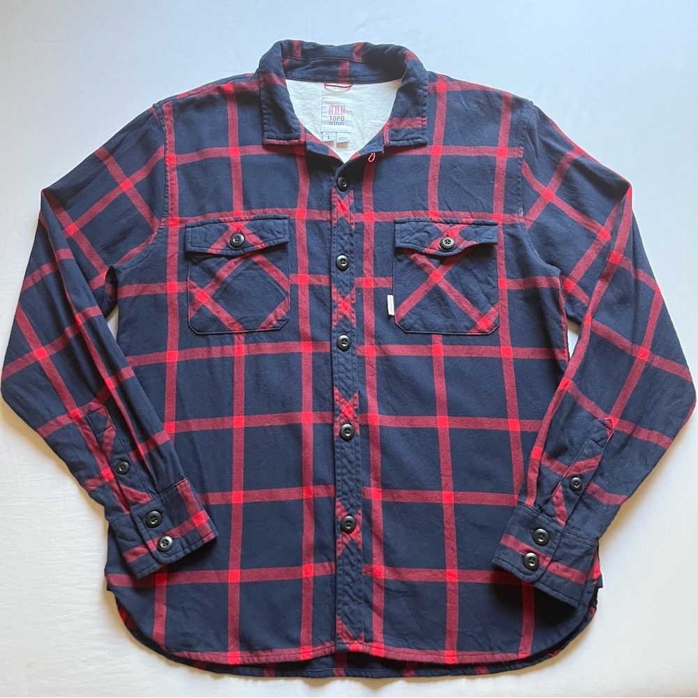 TOPO DESIGNS men’s navy‎ blue red plaid check long sleeve button up shirt